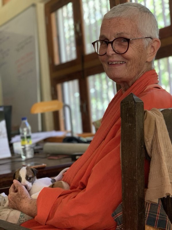 Swamiji at her desk with a rescued puppy