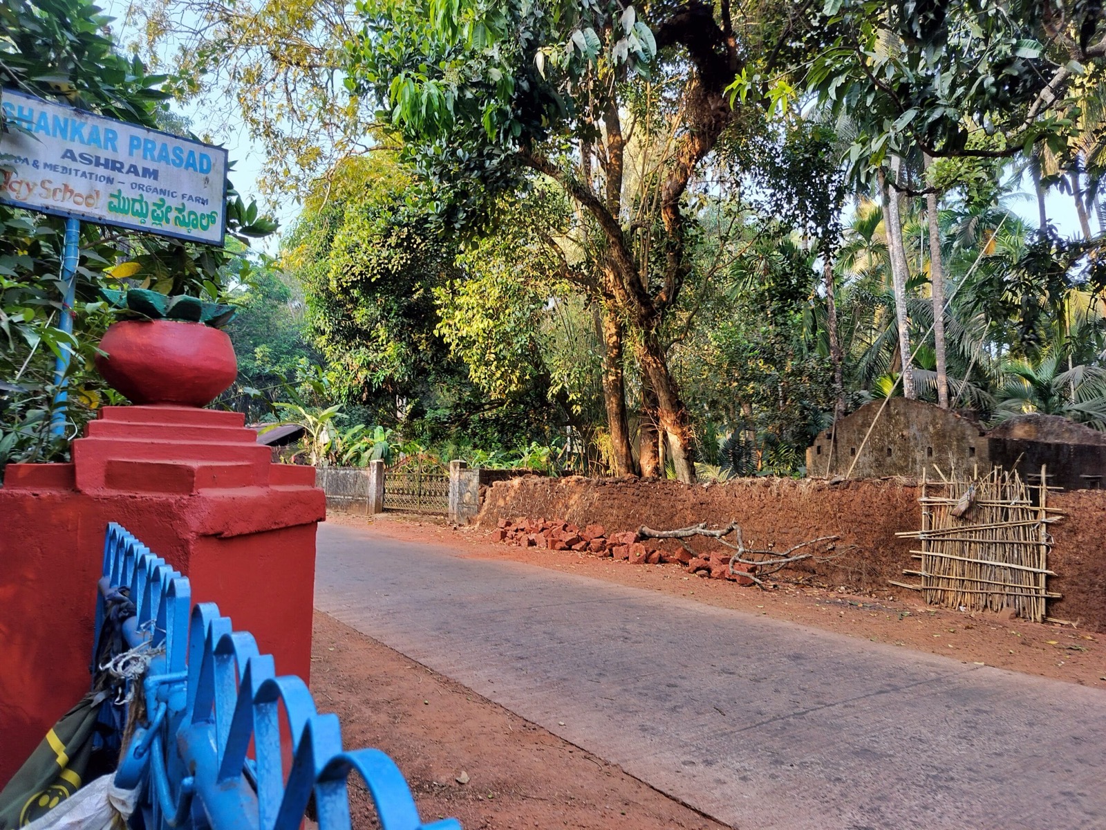 The lane at the ashram gate, red earth and coconut palms